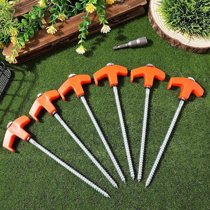 VILLCASE Rotating Plastic Head Threaded Tent Stakes 20cm Bright Screw-in Camping Pegs 10pcs with 1 Sleeve for Outdoor Tent Accessories