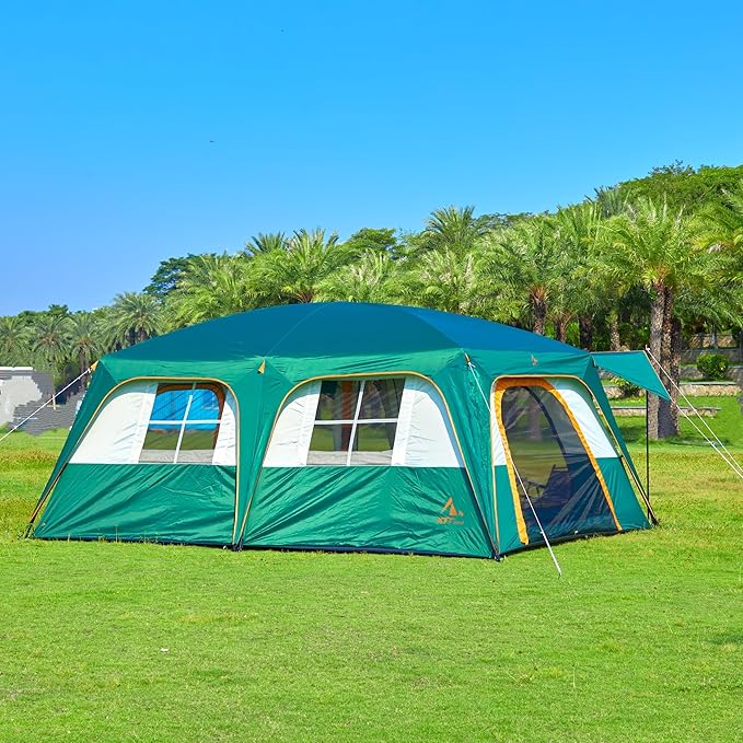 KTT Extra Large Tent 12-14 PersonFamily Cabin Tents2 RoomsStraight Wall2 Doors 4 Windows with MeshWaterproofStraight WallBig Tent for OutdoorPicnicCampingGathering(Brown)
