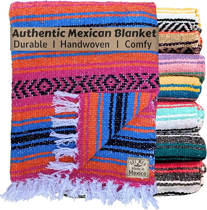 Del Mex Classic Mexican Blanket Large Authentic Woven Falsa Throw (70x50) Artisan Southwest Décor for Beach Yoga Outdoors (Turquoise/Pink/Orange)