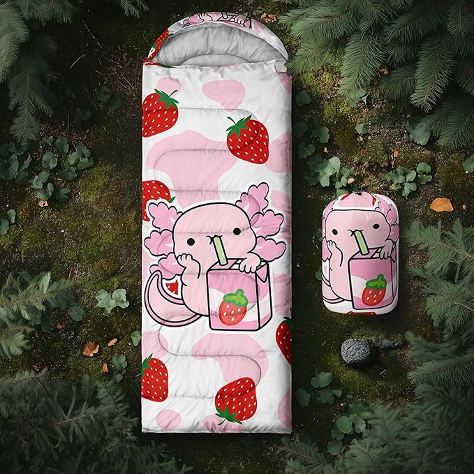 QOOMO Axolotl Cute Camping Sleeping Bags3 Season Warm &amp Cool WeatherLightweightWaterproof Sleeping Bags for Adults &amp KidsTravelingand Outdoors