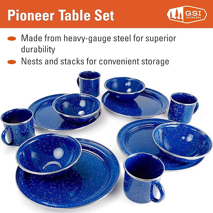 GSI Outdoors Pioneer Enamel 12 Pieces (4-Person) Dish Set I Enamelware Dishes Including Plates Bowls and Mugs for Camping Outdoors RV Camp Blue