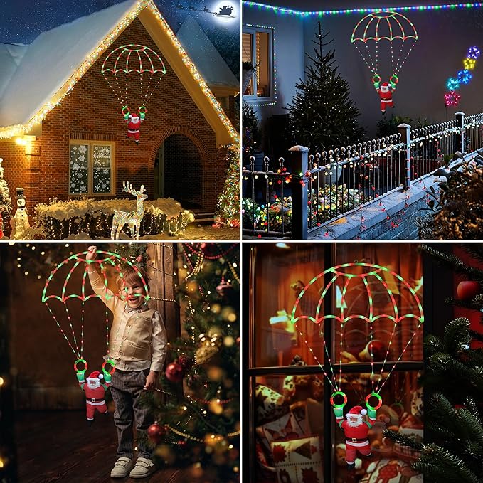 Toodour Christmas Decorations Lights Outdoor 2.8FT Christmas Parachute Lights with Santa Claus Waterproof 8 Modes Hanging Red &amp Green Xmas Light - Holiday Decorative Light for Indoor Eave Roof