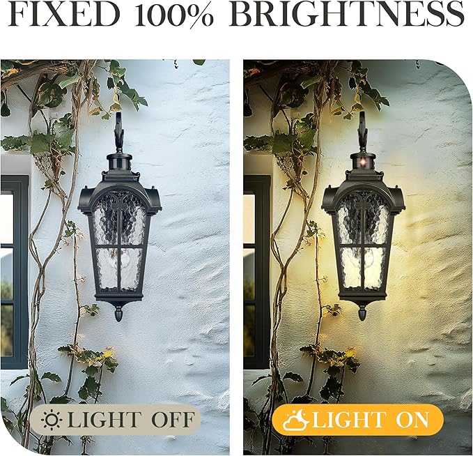 Emliviar 24 Motion Sensor Outdoor Light Fixtures Wall Mount Aluminum Exterior Porch Light in Black Finish with Gold Edges Outside Wall Light with Water Glass WE305BL-SE BG-SW