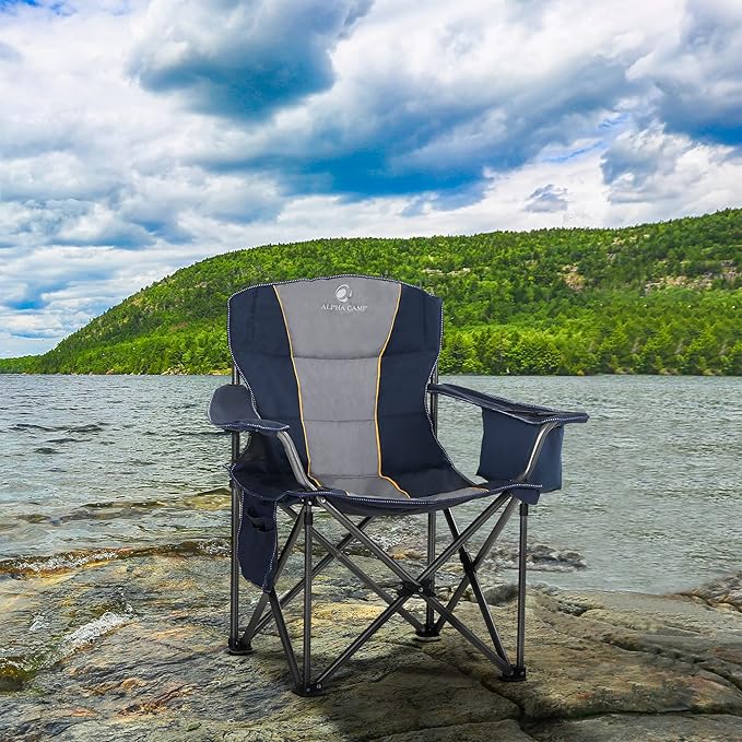ALPHA CAMP Folding Camping Chair Oversized Heavy Duty Padded Outdoor Chair with Cup Holder Storage and Cooler Bag 450 LBS Weight Capacity Thicken 600D Oxford Blue