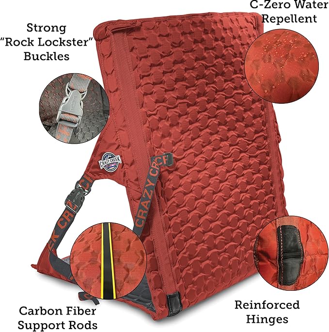 Crazy Creek HEX 2.0 LongBack Chair for Backpacking Camping and Stadium Use Extra Width &amp Back Height for Comfort 250 LBS Weight Capacity Adjustable Straps w/Rock Lockster (R) Buckles