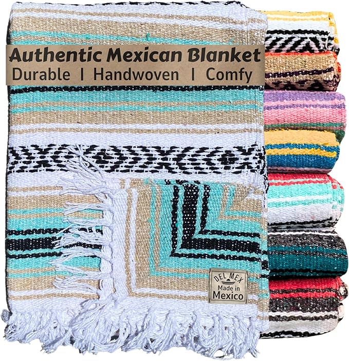 Del Mex Classic Mexican Blanket Large Authentic Woven Falsa Throw (70x50) Artisan Southwest Décor for Beach Yoga Outdoors (Mint/Tan)