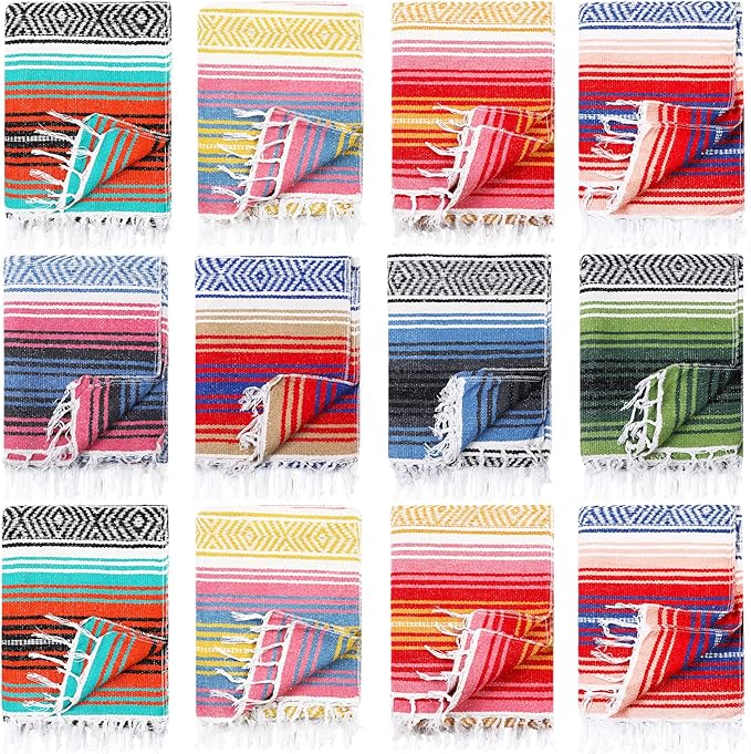 Macarrie 12 Pcs Mexican Beach Blankets Bulk Large Thick Serape Blanket Colorful Striped Yoga Throw for Outdoor Beach Park Picnic Car Couch Home
