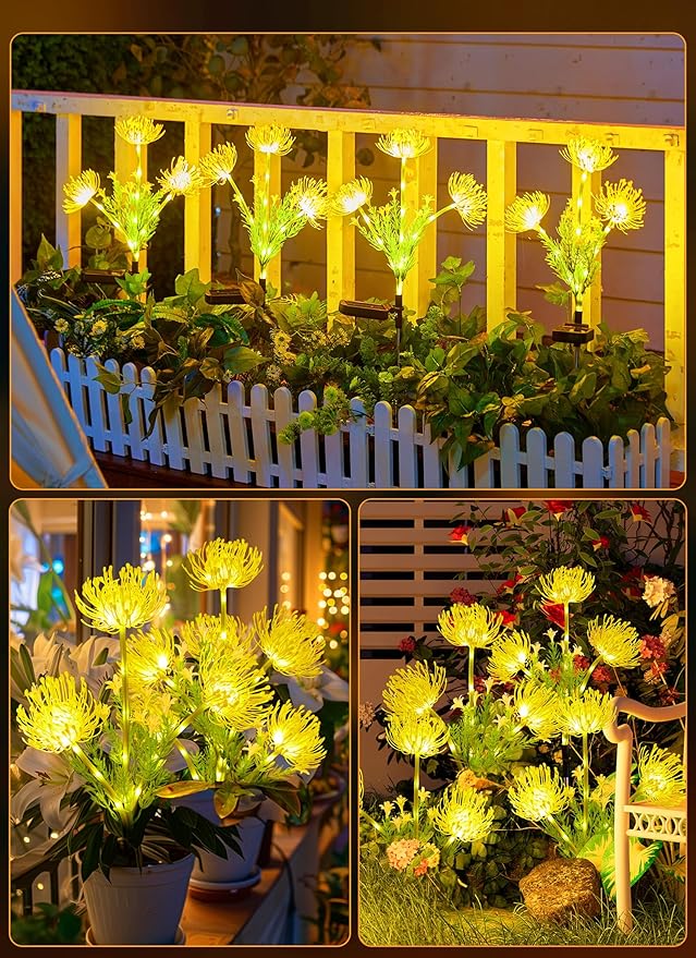 Brightown Outdoor Solar Garden Lights - 4 Pack LED Solar Flower Lights with Glowing Flowers &amp Stems More Realistic Bigger Solar Panel Waterproof Solar Lights for Outside Yard Patio Home Yellow