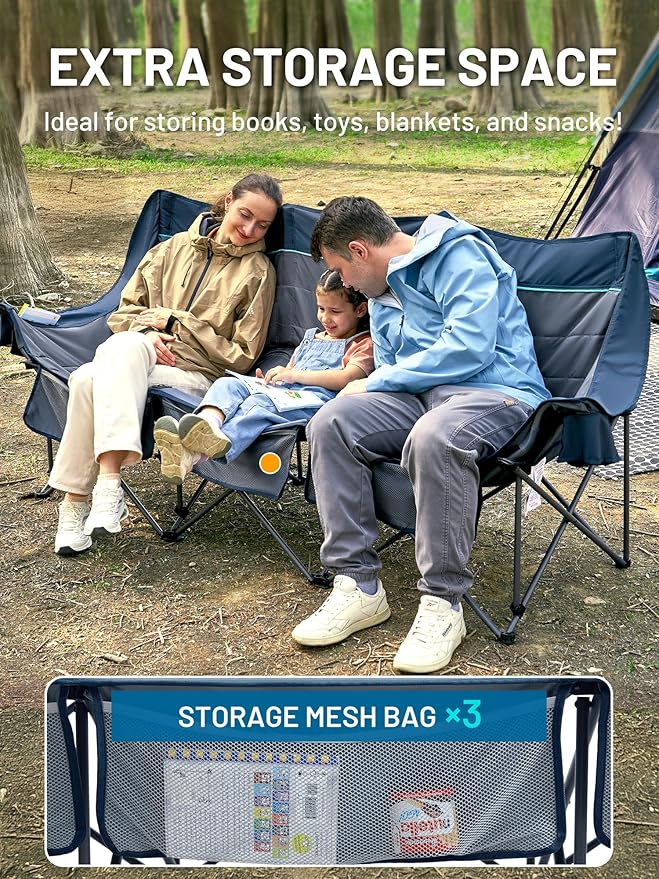 Timber Ridge 3 Person Camping Chair with Cup Holders and Pockets Outdoor Folding Loveseat Camping Chairs 1050lbs Capacity Heavy Duty Camp Couch for Outside Picnic Beach Lawn Sports Blue