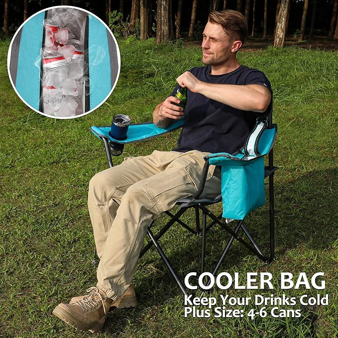 VILLEY Camping Chair Oversized Folding Camp Chair Portable Outdoor Chairs Support 450 LBS with Padded Seats Cooler Bag Cup Holder Carry Bag Blue