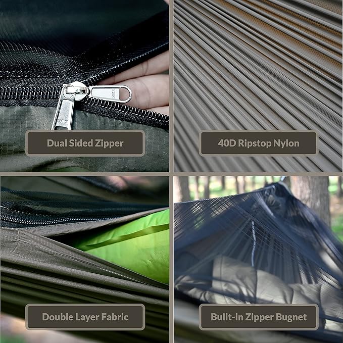 Onewind 11ft Zipper Hammock with Mosquito Net for Camping Portable Double-Layer Northers Hammock with Adjustable Ridgeline for Camping Hiking and Backpacking OD Green Sleeping Pad Not Included