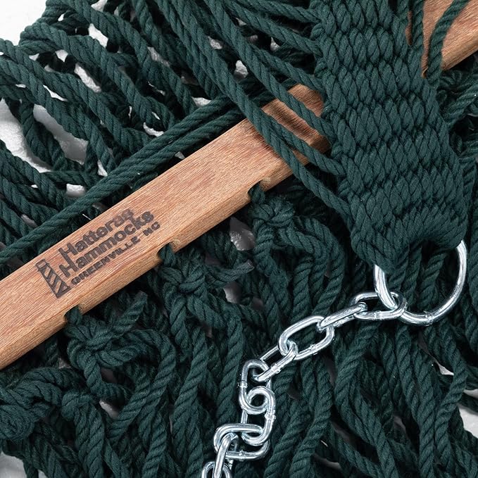 Hatteras Hammocks Deluxe Green DuraCord Rope Hammock – 13 ft. x 60 in. 2-Person 450 lb Capacity Cumaru Spreader Bar Zinc-Plated Hardware – Handcrafted in The USA