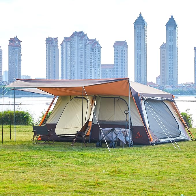 KTT Extra Large Tent 12 PersonFamily Cabin TentsAwning2 Rooms4 Doors and 4 Windows with MeshStraight WallWaterproofDouble LayerBig Tent for OutdoorPicnicCampingFamily Gathering