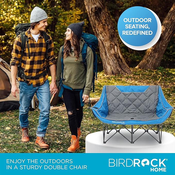 BIRDROCK HOME Double Camping Chair - Double Wine &amp Cup Holders - Blue &amp Grey Durable Padded Fabric Sturdy Frame 650 lb Cap. Storage Spacious Camping Sofa Loveseat for The Beach Sports O