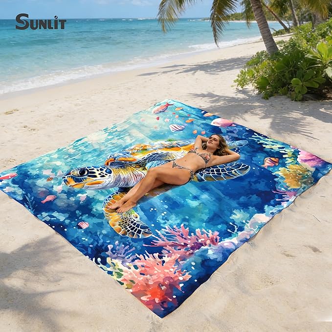Sunlit Large Beach Blanket Waterproof Sand Proof 81 x106 Sand Free Beach Mat with Anchored Pockets and Storage Bag for Travel Beach Camping Outdoor Festival Deep Sea Turtle in Coral Reef