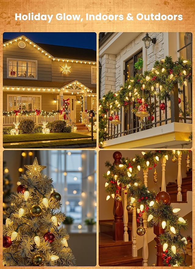 C9 LED Christmas Lights Outdoor 81 Feet 100 LED String Lights With Timer &amp 8 Lighting Mode Waterproof Commercial Grade Extendable for Indoor Outside Roofline Patio Home Xmas Decoration Warm Whi