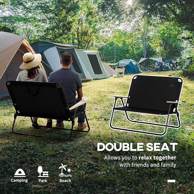Double Folding Camping Chair Loveseat for 2 Adults Portable Camping Couch with Wood Armrest Cupholders for Backpacking Beach Sports Travel Black