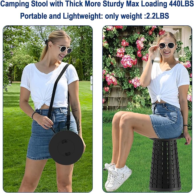 2026 Upgraded 45cm Collapsible Stool with Cushion Maximum Loading 440 Pounds Portable and Lightweight Adjustable Seat Camping Retractable Stool for Outdoor Camping Fishing Hiking BBQ