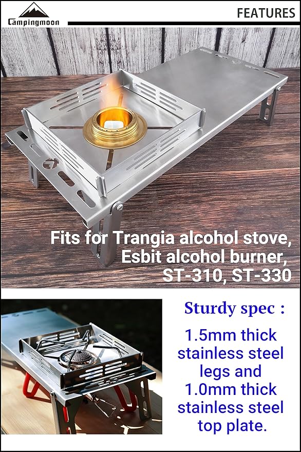 CAMPINGMOON Solo Camping Table Small Tabletop Heat Shield Windshield Stainless Steel Lightweight Compact with Storage Bag for ST-310 Alcohol Stove SK-310CP (Silver)
