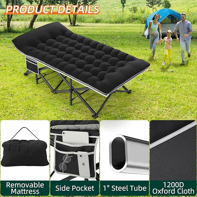 Portable Camping Cot 32 Extra Wide Camping Cots for Adults with Thick Mattress Heavy Duty Sleeping Cot Holds Up to 600LBS Cots for Sleeping Rv Beach Patio Office Naps 2Pcs (Black)