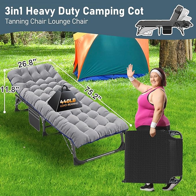 ABORON 3-in-1 Folding Patio Lounge Chair 440LB Heavy-Duty Tri-Fold Guest Bed with Plush Cotton Cushion No Assembly Adjustable Recliner for Office Nap Patio Sunbathing Poolside &amp Camping