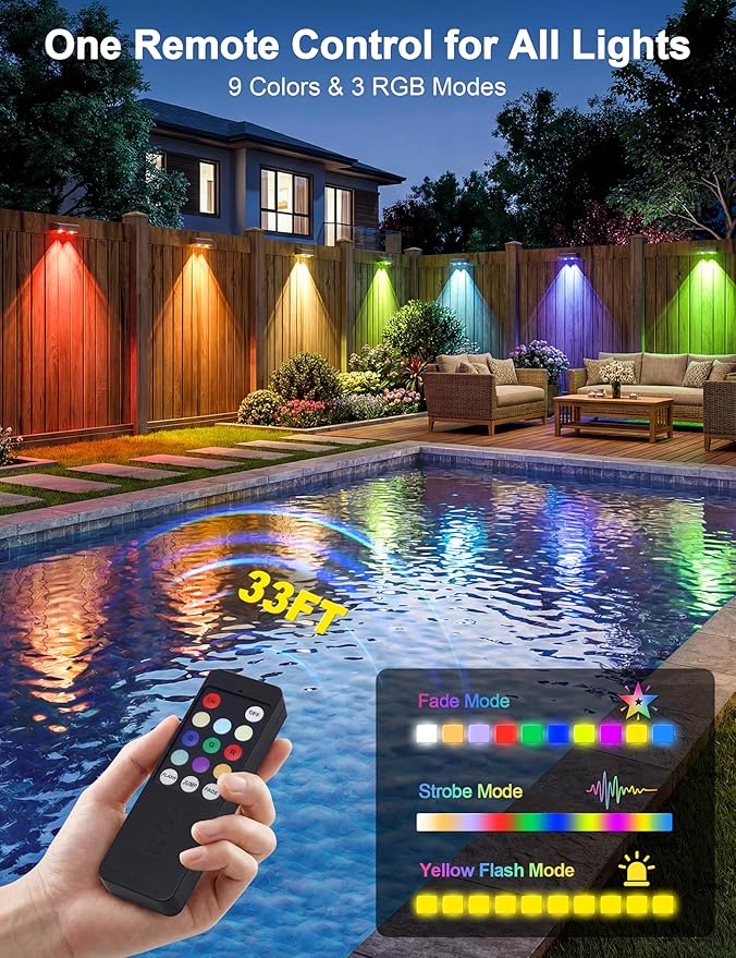 Solar Fence Lights with Remote Warm White Cool White and RGB Color Glow LED Outdoor Wall Lights IP65 Waterproof Solar Lights for Fence Backyard Railing and Deck Home Improvement 2 Pack