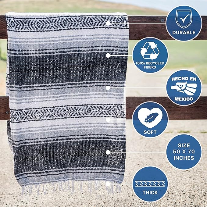 Benevolence LA Authentic Handwoven Mexican Blanket | Yoga Blankets Outdoor Picnic Beach Camping | Equestrian Saddle | Serape 50x70 inches - Gray Pack of 1