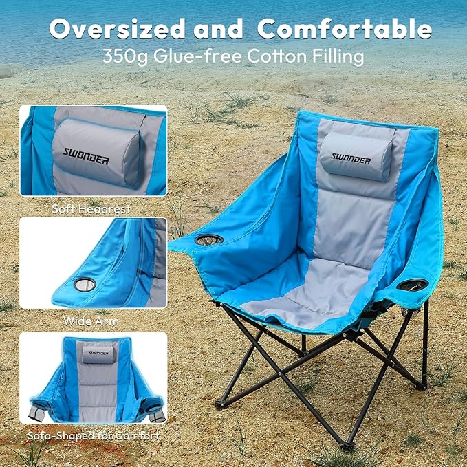 Swonder Oversized Moon Camping Chair with Innovative 2-in-1 Removable Seat Cushion for All Seasons Heavy-Duty Fully Padded Folding Outdoor Chair with Headrest and Carry Bag
