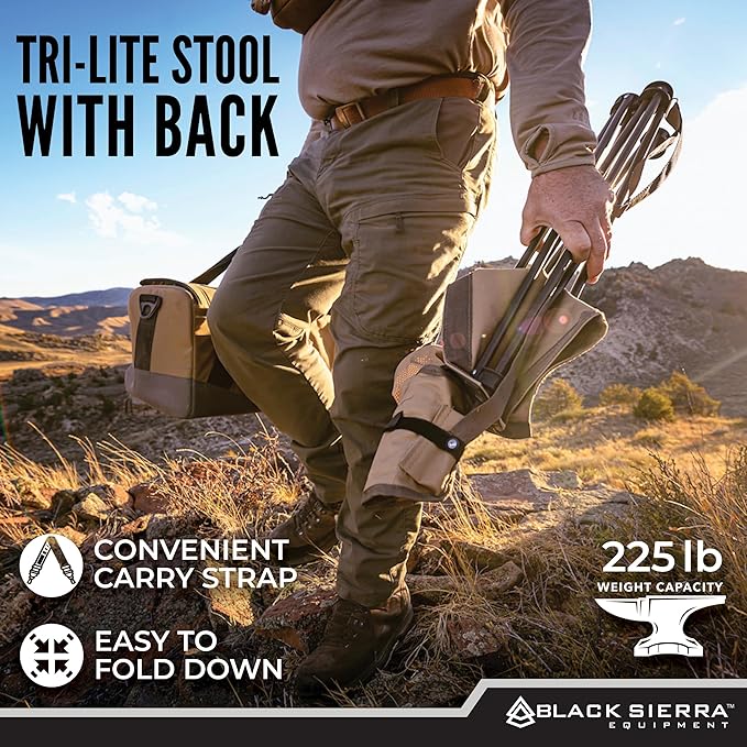 Black Sierra Tri-Lite Stool w/Back Lightweight Portable Fishing Chair w/Cupholder and Carry Strap Supports 225-Lb Portable Outdoor Chair for the Hunting Blind Camping Travel Hiking
