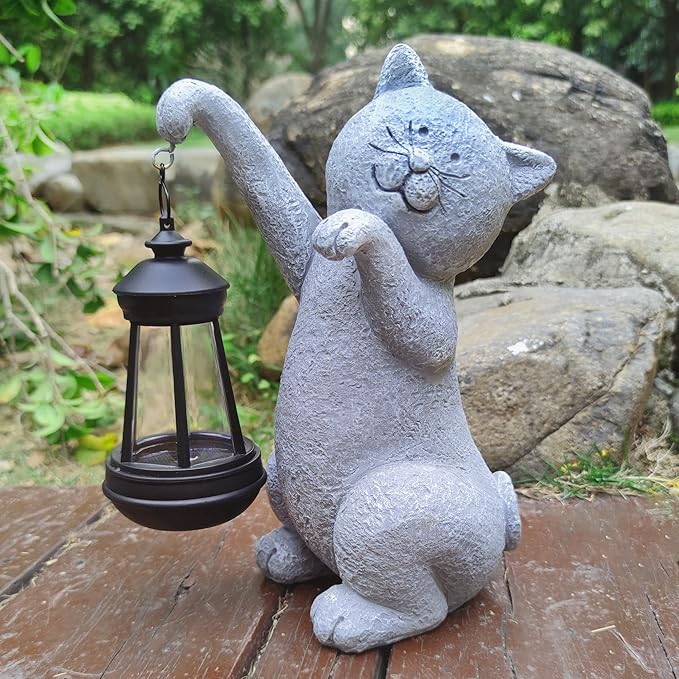 Cat Solar Garden StatuesResin Cat Figurine Decorations with Solar Lights Lantern Outdoor Figurines Lawn Cats Statue Decor Art for LawnYard Balcony OrnamentGift for Garden Home Mom.
