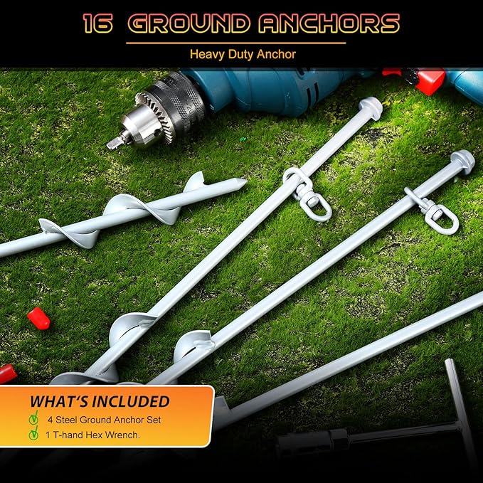 Hiboom 4 Pcs Ground Anchors with T Handle Hex Wrench Trampoline Hook Ground Anchor Screw in Kit Inflatable Outdoor Decorations Accessories for Camping Tents Car Ports Canopies (Silver16 Inch)
