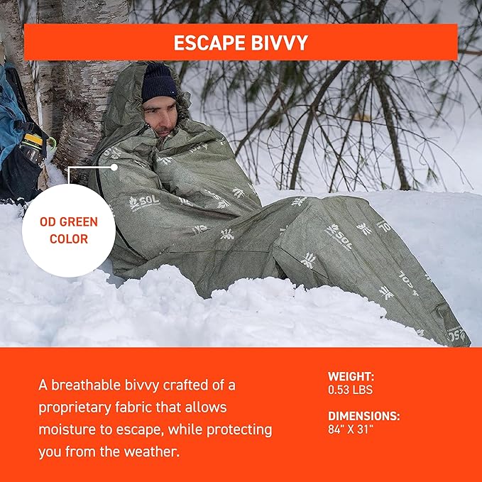 SOL Escape Bivvy with Hood - Emergency Preparedness Blanket - Reflects Up to 70% Body Heat - Outdoor Survival Bivvy - Water Resistant - Durable &amp Breathable - Winter Camping Supplies - Green