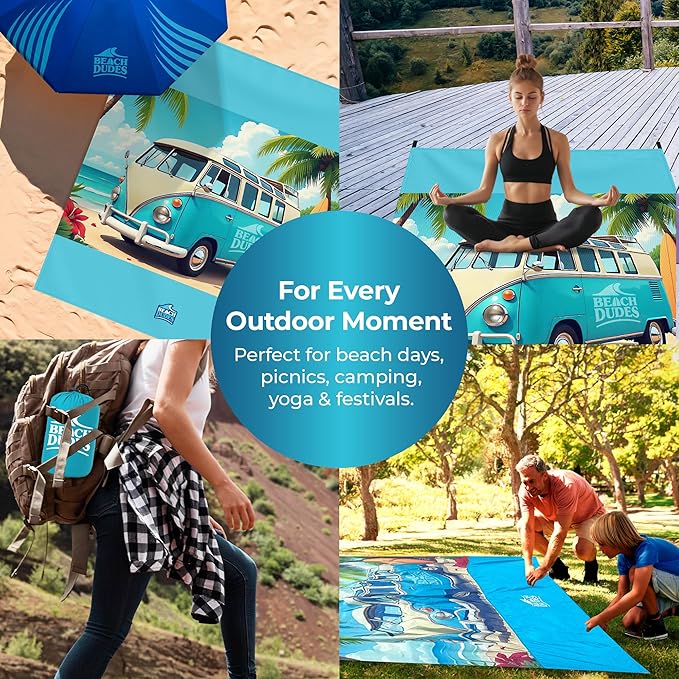 Beach Vibes Oversized Beach Blanket - 108x84 XL Sandproof Water-Resistant Picnic Mat | Lightweight Ripstop Nylon for Travel &amp Camping | Includes 4 Stakes and Carry Bag