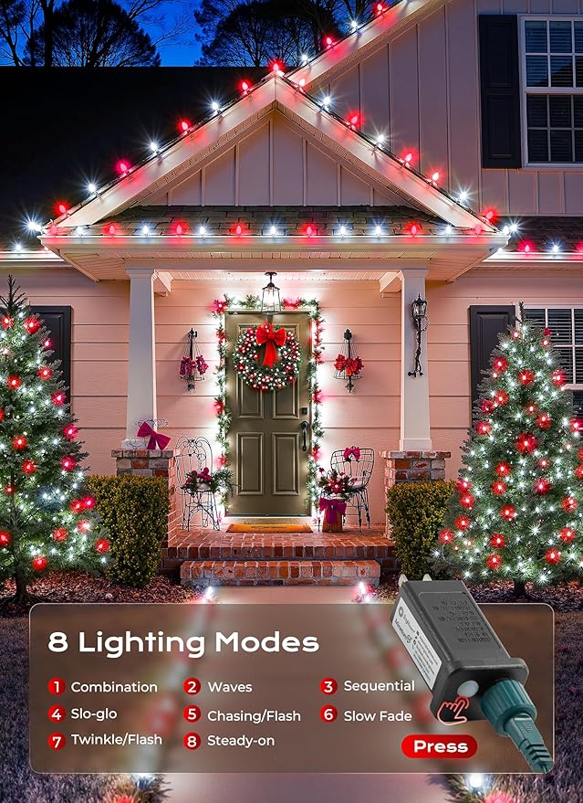 C9 Outdoor Christmas Lights 72 FT 110 LED C9 String Lights 8 Modes &amp Timer Extendable Waterproof for Christmas Tree Indoor Outdoor Roofline Patio Outside Garden Backyard Xmas Decor Red White 2