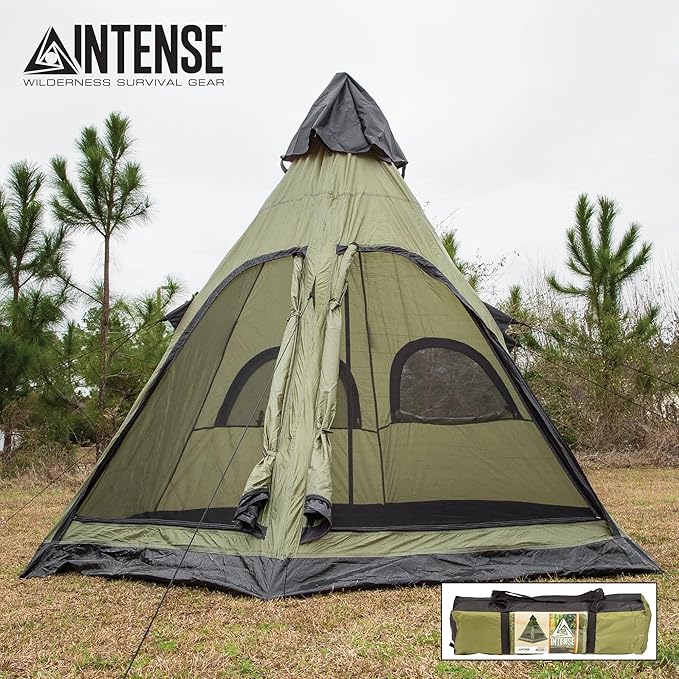 Intense Wilderness Survival Gear Four-Person Teepee Tent | Lightweight Weather-Resistant Camping Shelter | Easy Setup | Durable Fabric | Ventilation | Carry Bag for Outdoor Adventures