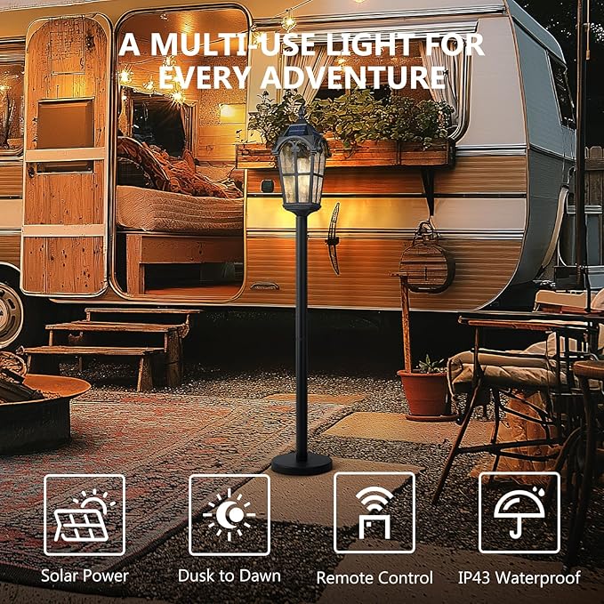 Emliviar Solar Pathway Light with Water Grain Glass Shade 46 Inch Classic Post Lamp with Round Base in Black Finish Portable Floor Lamp for Outdoor Travel LED Bulb Included YXE302PL-ML SL BK