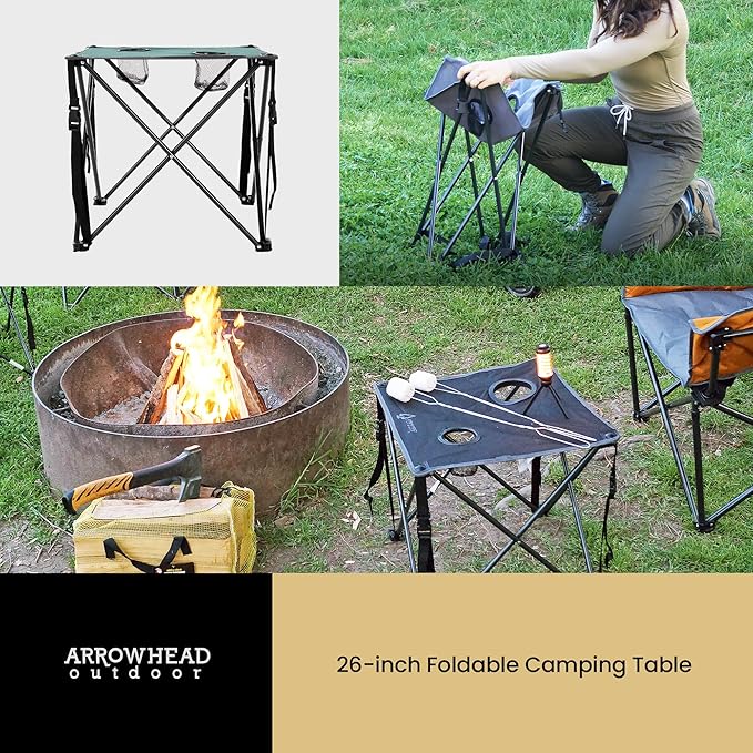 ARROWHEAD OUTDOOR 26” (66cm) Portable Camping Folding Table 2 Cup Holders Square Carrying Case Steel Frame High-Grade 600D Canvas