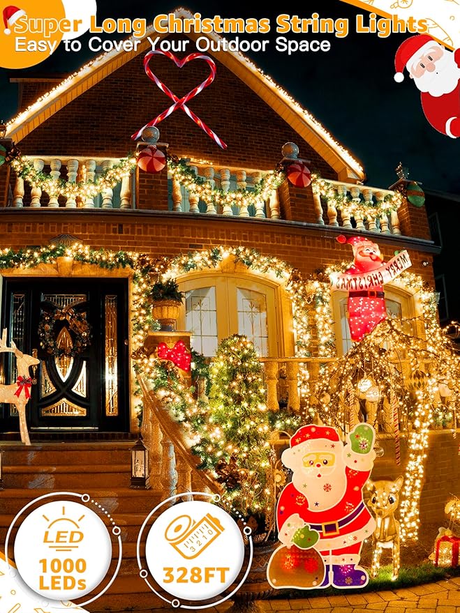 1000 LED 328 FT Christmas Lights Waterproof Outdoor String With Remote and Timer 8 Modes Dimmable Fairy Lights for Holiday Decor (Warm White)