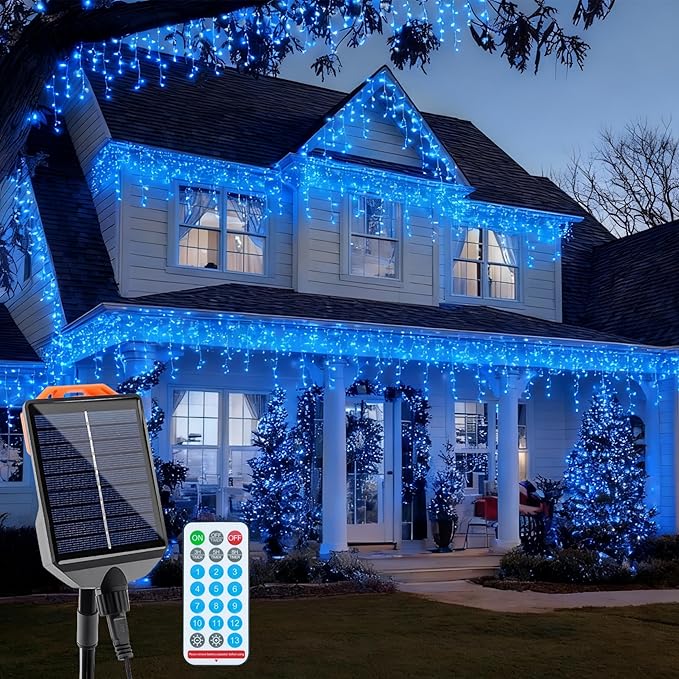 Solar Christmas Lights Outdoor 640LED 16Ft+60Ft Solar Icicle Lights Waterproof with 13 Modes Rechargeable for Outside Roof Fence Christmas Decorations