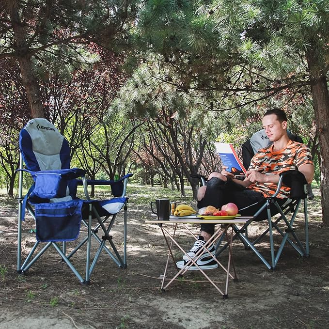 KingCamp Folding Portable Camping Chairs Oversized Padded Quad Arm Chair with Cooler Bag Cup Holder and Side Pocket Heavy Duty Supports 300 lbs for Outdoor Lawn Fishing Sports