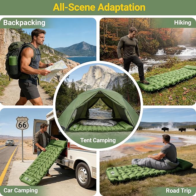 Camping Sleeping Pad Backpacking Sleeping Pad with Built-in Pillow and Foot Pump 4in Thick Compact Inflatable Camping Air Mattress for Hiking Tent Road Trip Car Camp Travel Gear