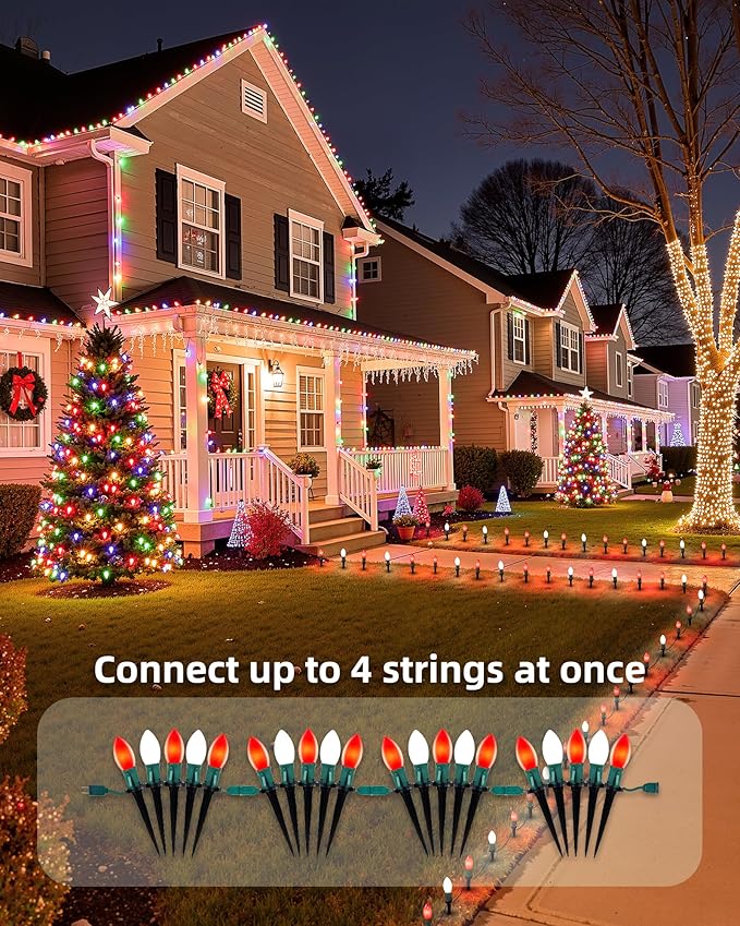 Frosted C9 Christmas Lights Outdoor 25.7 Ft Christmas Pathway Lights with 20 LED Bulbs and Stakes Connectable Christmas Yard Decorations Walkway Sidewalk Holiday Red and White