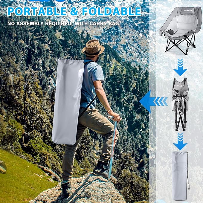 Heavy Duty Camping Chairs - 500lbs Oversized Camping Chair for Adults with 3 Levels Adjustable for Back Padded Folding Wide Outdoor Lawn Chairs with Side Mesh Pocket &amp Cup Holder Grey