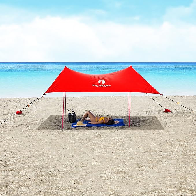 Red Suricata Family Beach Tent &amp Beach Canopy UPF50 Sun Beach Shade Sunshade with 4 Aluminum Poles 4 Pole Anchors &amp Sand Shovel Large &amp Portable Sun Shelter Tarp (Large Red)