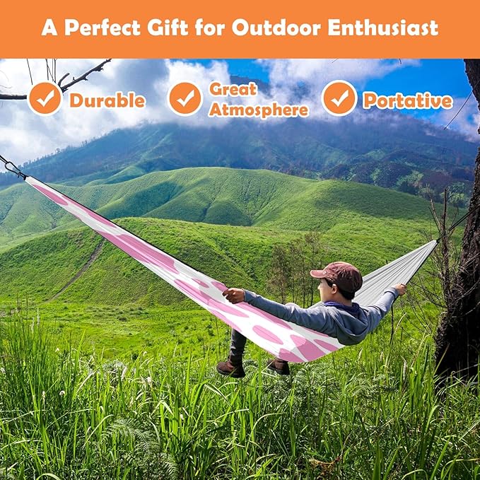 Outdoor Camping Hammock Cute Pink Cow Print Double Single Hammocks with 2 Tree Straps Lightweight Portable Heavy Duty Nylon Hammocks for Backpacking Travel Beach Backyard Patio Hiking