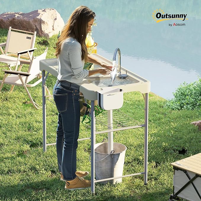 Outsunny Folding Fish Cleaning Table with Sinks Portable Camping Sink Table with Faucet Drainage Hose Sprayer Shelf Drawer and Storage Basket Outdoor Fillet Table for Picnic Beach Patio Tan