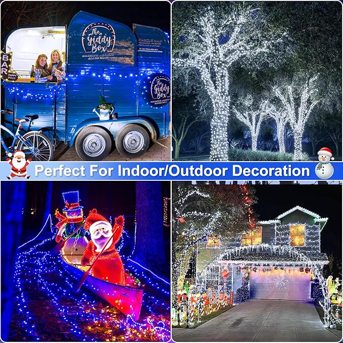2 Pack Christmas Lights Outdoor Total 200FT 600 LED String Lights for Outside Waterproof with 8 Modes Green Wire Twinkle Tree Lights for Indoor Patio Xmas Decorations 1 Pack Blue &amp 1 Pack White