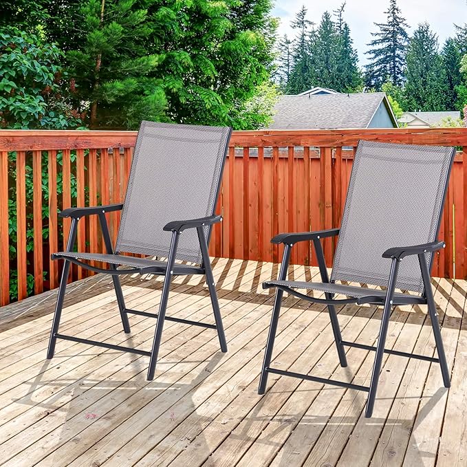 Set of 2 Patio Folding Chairs Stackable Outdoor Sling Patio Dining Chairs with Armrests for Lawn Camping Dining Beach Metal Frame No Assembly Gray