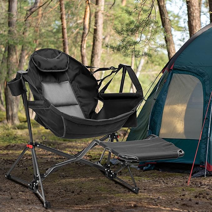 Ainfox Hammock Camping Chair with Footrest Heavy Duty Foldable Portable Rocking Hammock Chairs Outside Swinging Camp with Cup Holder Pillow for Outdoor Patio Poolside Black Dark Blue