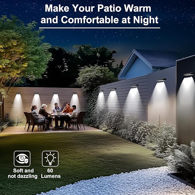 Solar Fence Lights Outdoor Waterproof IP65 8 Pack Fence Lights Solar Powered 60 Lumens Auto On/Off Step Wall Lights Outside Decorations for Yard Porch Patio Stairs Pool Deck Garden-White Light